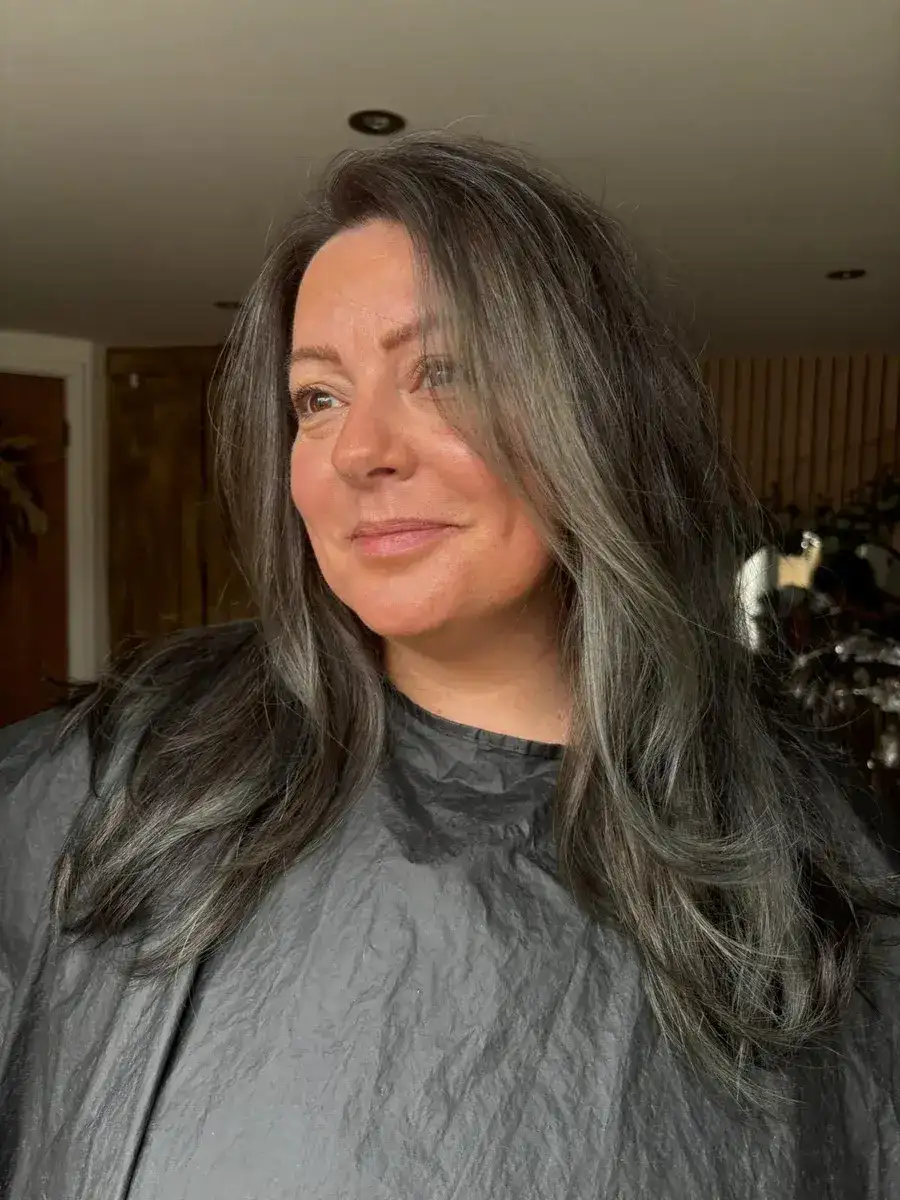 Natural grey root blending and hair transformation by specialist colourist MNR Hair Salon Quedgeley Gloucester